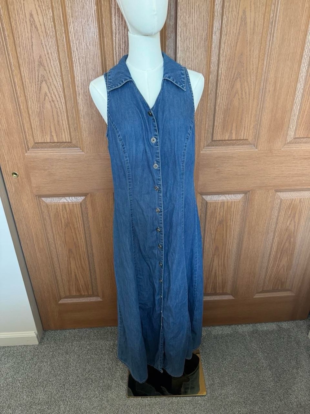 Sleeveless Button-Front Denim Maxi Dress - Blue